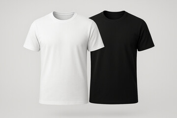 A pair of plain white and black t-shirts displayed side by side on a neutral background.