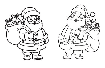 kids coloring pages, Two cartoon Santa Claus figures stand smiling with giftfilled sacks in a line art