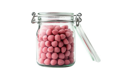 Pink candies in a glass jar on transparent background