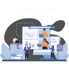 Business Team Analyzing Feedback Data on Computer Screen With Charts and Graphs in Modern Office Setting