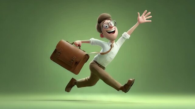 Animated businessman running with briefcase on green backdrop