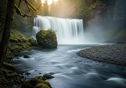 Scenic waterfall flowing through a lush green forest with a rocky riverbed