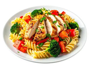 Photo of pasta with chicken and vegetables isolated on transparent background png