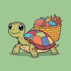 A cute cartoon turtle character with a green shell is smiling