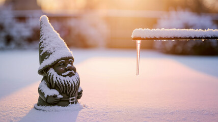 Snow-covered garden gnome standing in winter landscape at sunset  