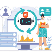 Business Woman With Robot Icon And Data Charts On Computer Screen Flat Illustration With Transparent Background