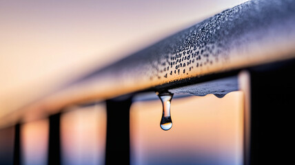 Water droplet hanging from metal railing at sunset  