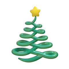 A 3D stylized swirling green Christmas tree with a thin, looping body topped with a yellow star.