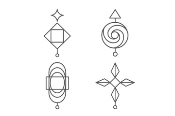 Fototapeta premium Esoteric mystical symbols line art, sacred geometry spiritual signs, occult alchemical elements with transparent background