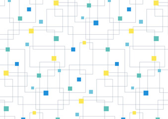 シンプルで幾何学的な線画とカラフル四角形のシームレス背景