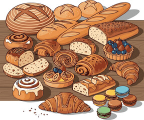 Make Various bakery and pastry set. Collections of bread, buns, croissant and other types of bakery products on white Background.