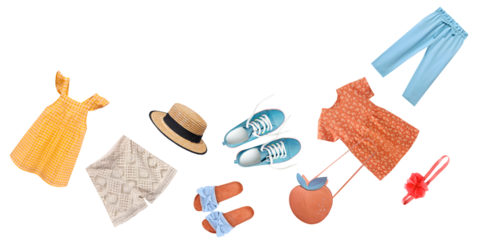 dynamic photograph of colorful children's summer clothing and accessories scattered across a transparent background, conveying playful summer fun and energy.