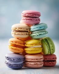 Colorful macarons stacked artfully on a light wooden surface with a soft focused background