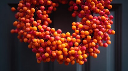Close-up of a wreath made of small, round, orange berries. the berries are arranged in a circular pattern, with some overlapping each other.