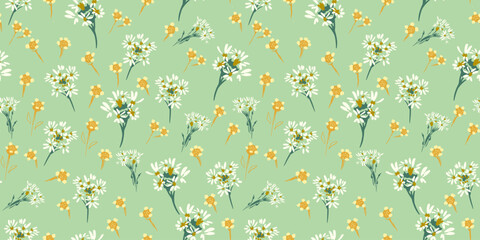 Seamless vector floral pattern with white daisies and yellow wildflowers on a soft green background. Fresh meadow design  for fabric, wallpaper, wrapping,  decor