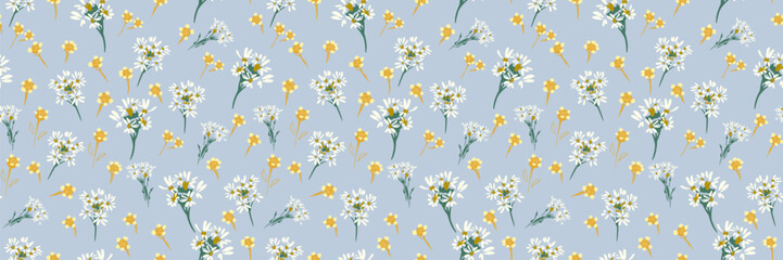 Seamless vector floral pattern with white daisies and yellow wildflowers on a soft blue background. Elegant meadow inspired design for fabric, wallpaper, wrapping, decor