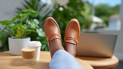 Relaxed break with coffee and laptop in bright modern setting
