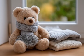 Cozy teddy bear with gray scarf and knitted blankets by a window in warm light