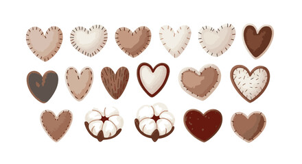 Artisanal collection of soft fabric hearts and natural cotton bolls, perfect for heartwarming, rustic, and romantic design projects