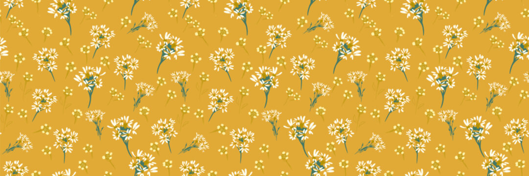 Seamless vector floral pattern with white and yellow wildflowers on a warm mustard background. Elegant botanical design for fabric, wallpaper, wrapping, decor