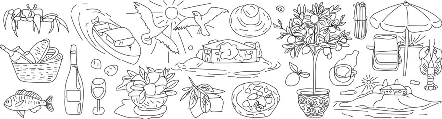 Italian amalfi coast summer vacation doodle illustrations Charming doodle-style illustrations capturing the essence of an Italian Amalfi Coast summer vacation with iconic landmarks and coastal scenes.