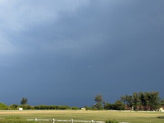 A wide, lush green horse polo field under a bright blue sky. The open landscape and clear horizon create a serene and elegant sporting atmosphere, reflecting the grace and prestige of equestrian sport