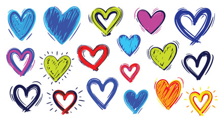 An energetic collection of diverse hand-sketched hearts, radiating feelings of love, affection, and artistic joy