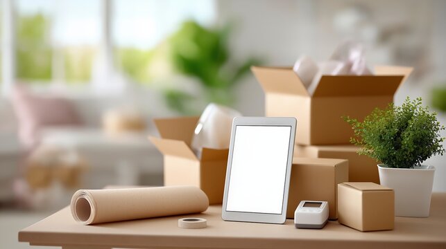 Unpacking and setting up a new workspace with digital tablet and office supplies - Powered by Adobe