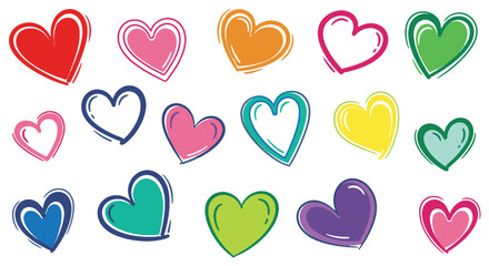 Vibrant collection of diverse hand-drawn heart shapes in a playful, artistic brushstroke style for design projects