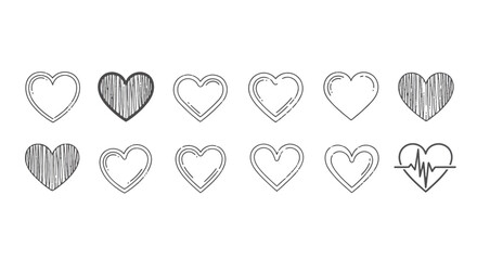 Diverse collection of hand-drawn heart line art vector icons, perfect for expressing love, health, and emotional connections with a doodle aesthetic