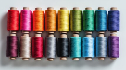 Colorful sewing thread spools arranged in neat rows showcasing vibrant hues and texture on a white background
