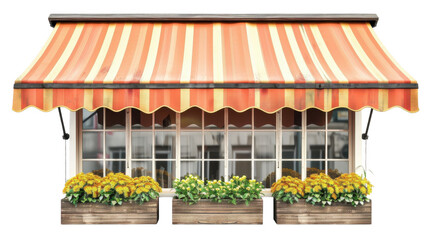Storefront with striped awning on transparent background