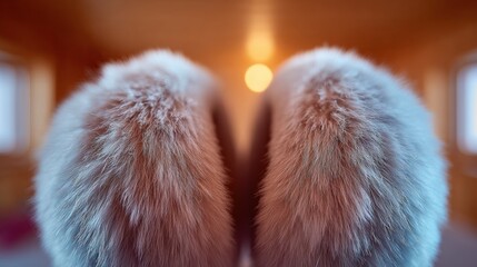 Pair of feet wearing furry slippers. the slippers are light blue in color and have a fluffy texture.