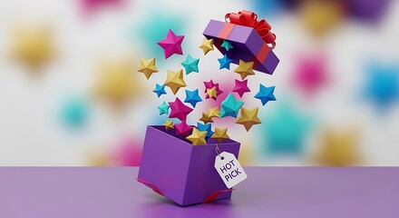 An open purple gift box with colorful stars bursting out, a tag labeled 'Hot Pick' attached.