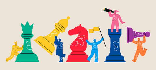 Set of people with chess. Concept of tactics and teamwork. Colorful vector illustration