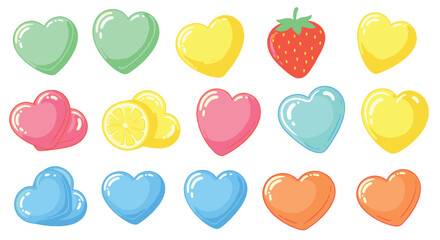 Charming collection of vibrant, glossy heart-shaped candies and fruit jellies, a delightful vector illustration for sweet concepts