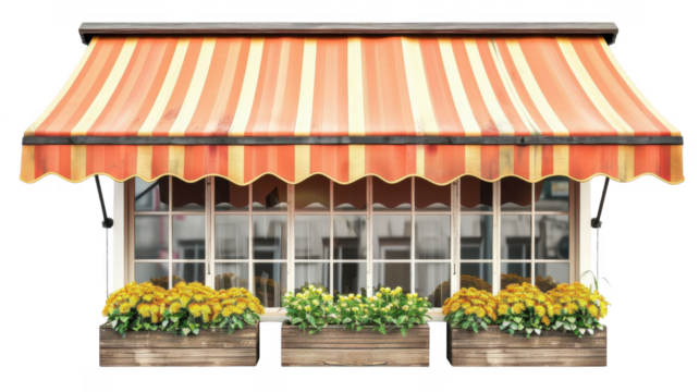 Storefront with striped awning on transparent background