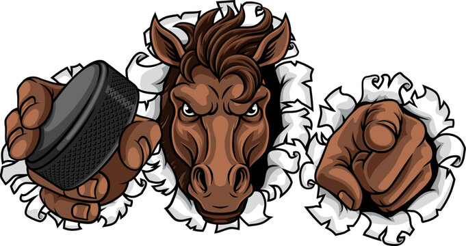 Horse mustang bronco stallion ice hockey angry sports team mascot holding a puck.