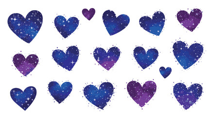 Enchanting set of cosmic watercolor hearts, blending celestial blues and purples with stardust, symbolizing boundless love and dreams