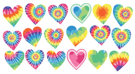 Vibrant collection of colorful tie-dye heart symbols representing love, peace, and happiness with groovy patterns