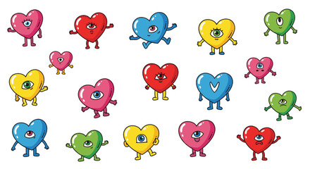 Vibrant collection of whimsical cartoon hearts with googly eyes and legs, expressing playful emotions and quirky charm