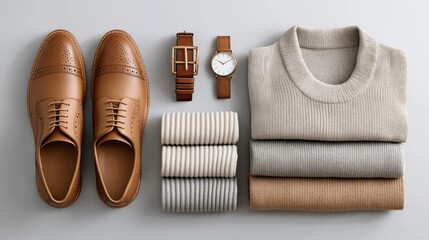 Stylish men's fashion: brown leather shoes, sweater, and accessories on gray background