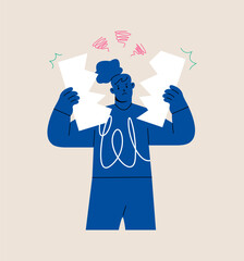 Woman tearing up papers. Colorful vector illustration