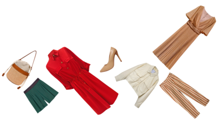 dynamic flat lay photograph of scattered women's clothing and accessories, featuring a red dress, bronze pleated dress, striped pants, jacket, shorts, heels, and a straw bag, isolated on black.