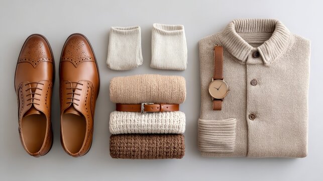 Men's fashion flat lay with brown dress shoes, sweaters, watch, and socks - Powered by Adobe