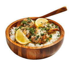 Juicy lemon herb chicken pieces are served on soft white rice, garnished with fresh herbs and lemon slices