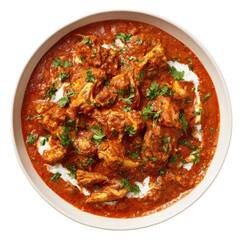 A rich and flavorful chicken curry is presented in a bowl, garnished with fresh cilantro and ready to eat
