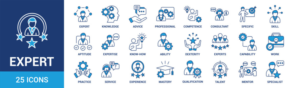 Expert icon set. Containing advice, competence, expertise, knowledge, skill, specialist, experience and more. Blue vector icons collection.
