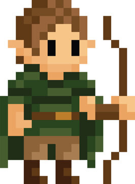 Elf archer fantasy cartoon character in a video game sprite pixel art style. 17 squares wide by 23 high.