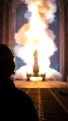 Fototapeta premium Generative AI rocket launch from hangar interior perspective.